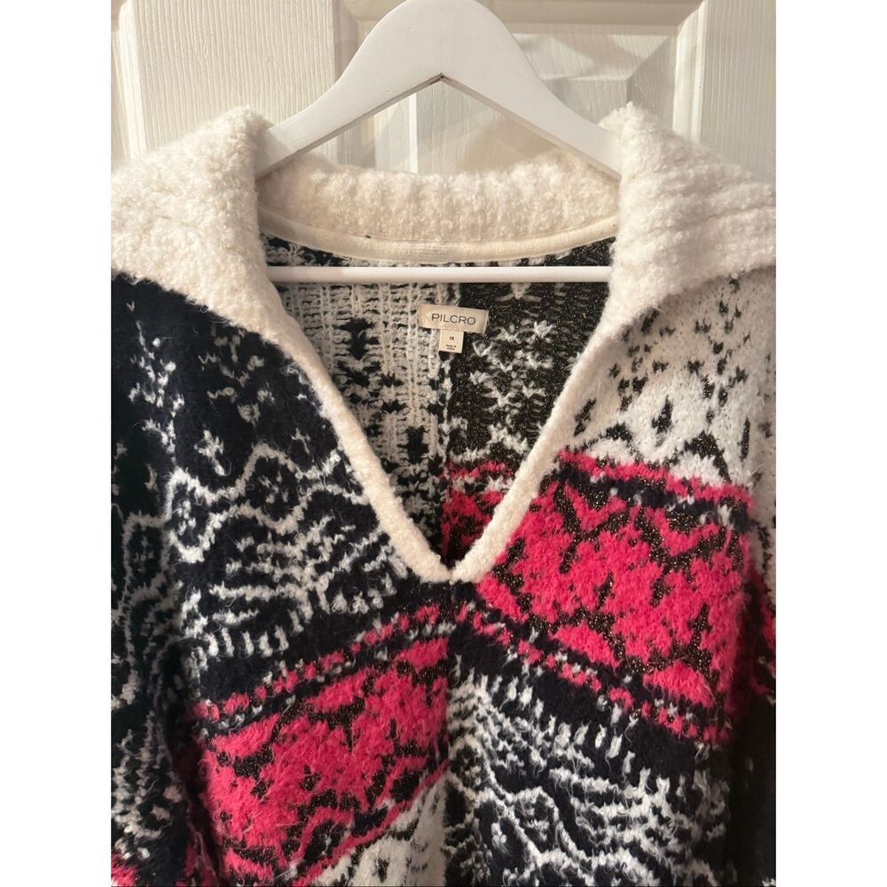 Anthropologie Pilcro Navy White Pink Nordic Print Thick Johnny Collar Sweater sz - Picture 3 of 8